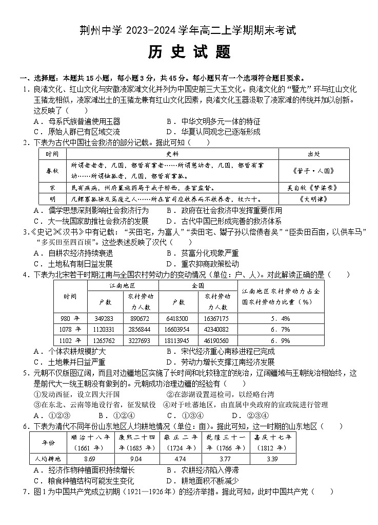 湖北省荆州中学2023-2024学年高二上学期期末考试历史试题第1页