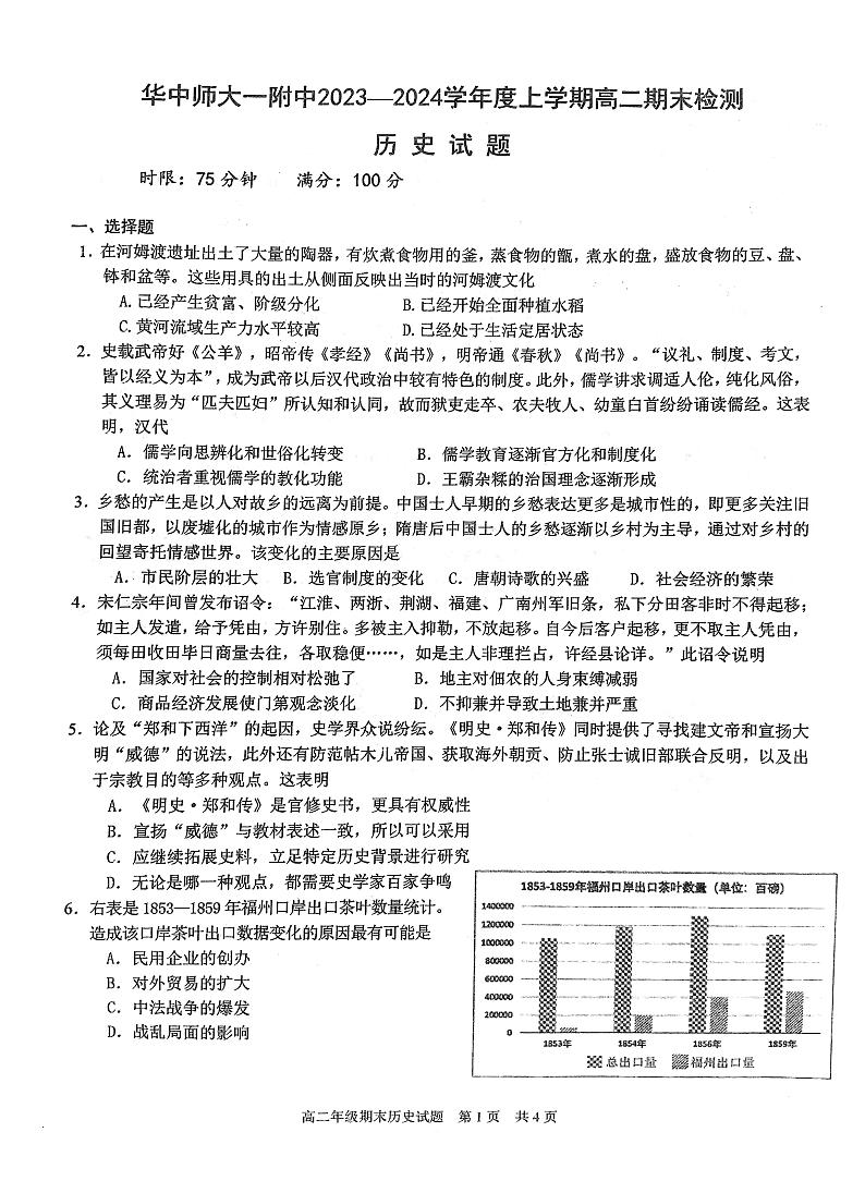 湖北省华中师范大学第一附属中学2023-2024学年高二上学期期末检测历史试题01