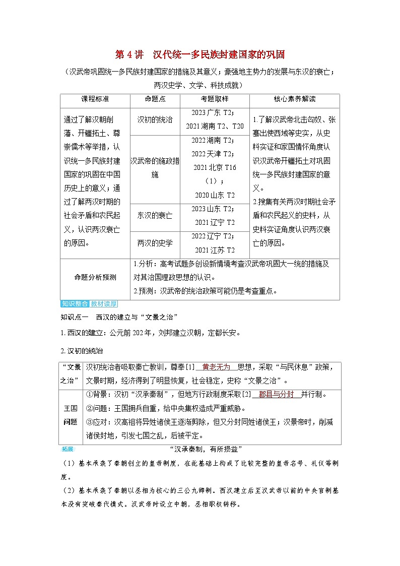 备考2024届高考历史一轮复习讲义第一单元从中华文明起源到秦汉统一多民族封建国家的建立与巩固第4讲汉代统一多民族封建国家的巩固01