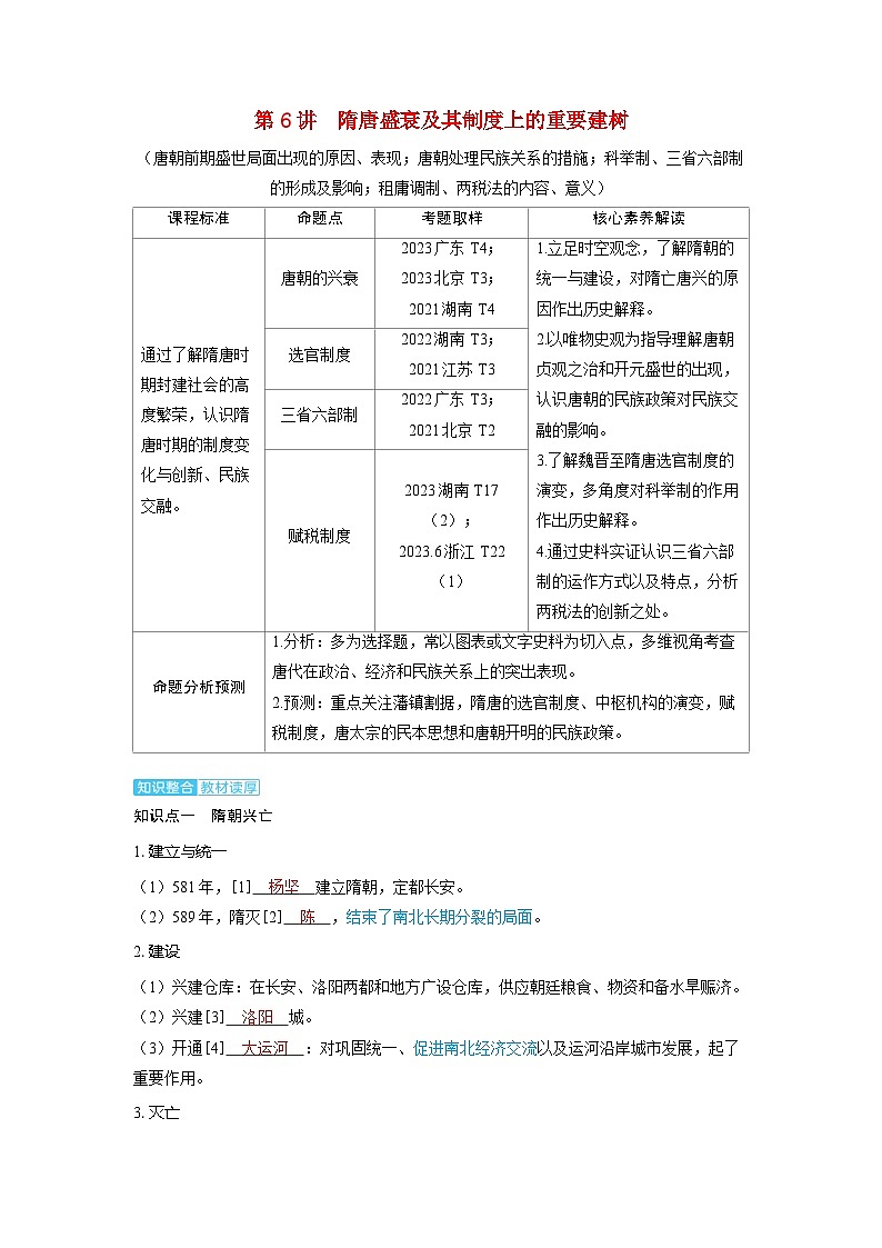 备考2024届高考历史一轮复习讲义第二单元三国两晋南北朝的民族交融与隋唐统一多民族封建国家的发展第6讲隋唐盛衰及其制度上的重要建树第1页