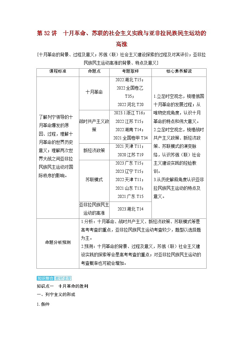 备考2024届高考历史一轮复习讲义第十二单元两次世界大战十月革命与国际秩序的演变第32讲十月革命苏联的社会主义实践与亚非拉民族民主运动的高涨第1页
