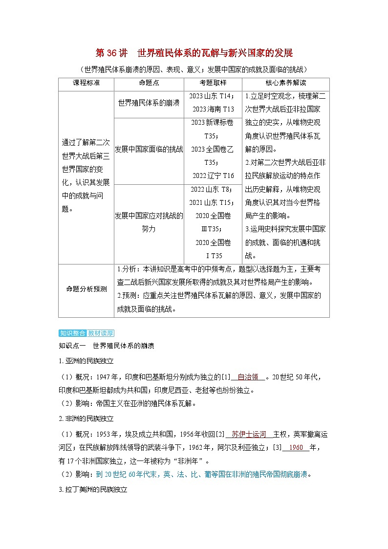 备考2024届高考历史一轮复习讲义第十三单元20世纪下半叶世界的新变化与当代世界的发展第36讲世界殖民体系的瓦解与新兴国家的发展01