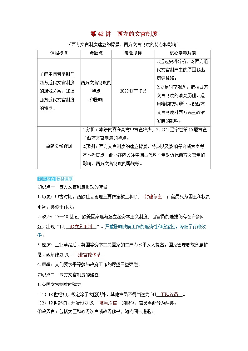 备考2024届高考历史一轮复习讲义第十五单元官员的选拔与管理第42讲西方的文官制度01