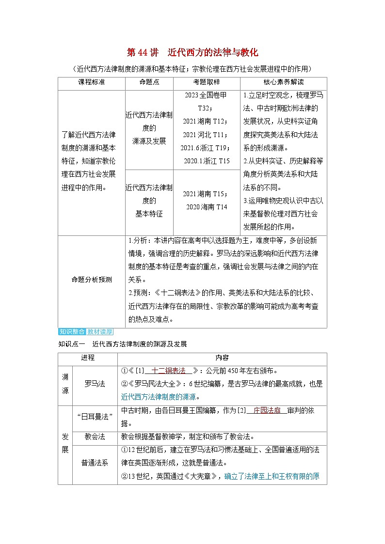 备考2024届高考历史一轮复习讲义第十六单元法律与教化第44讲近代西方的法律与教化01
