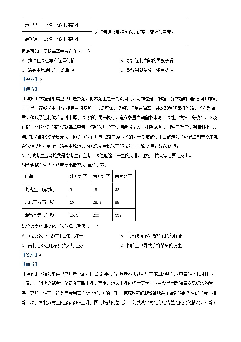 福建省漳州市2024届高三上学期第二次质量检测历史试卷（Word版含解析）03