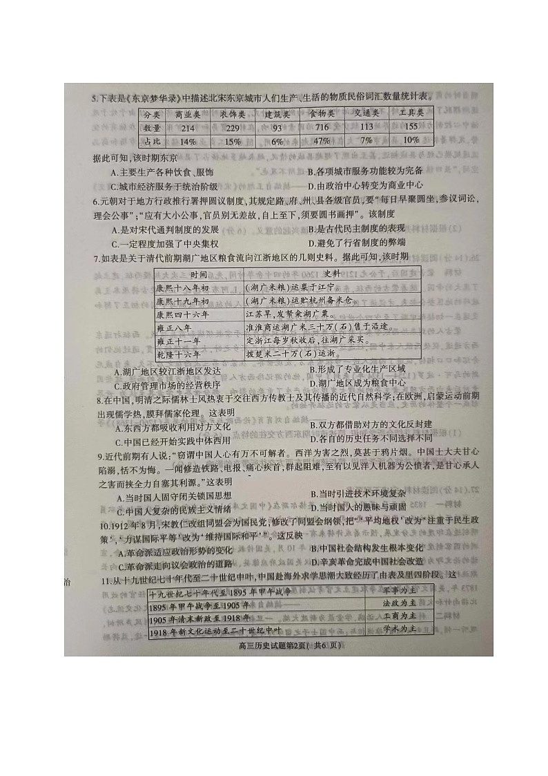 河南省信阳市2024届高三上学期第二次教学质量检测（二模）历史02