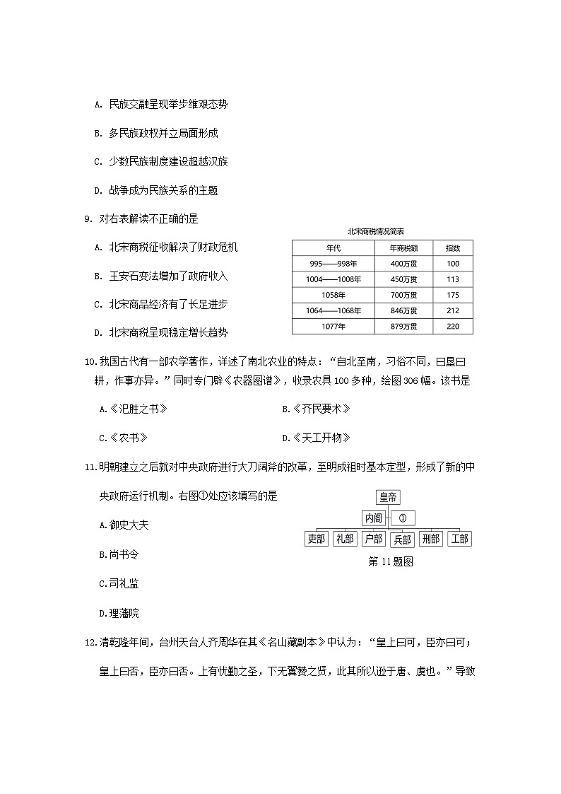 2023-2024学年浙江省台州市第一学期高一期末考试历史试题含答案03