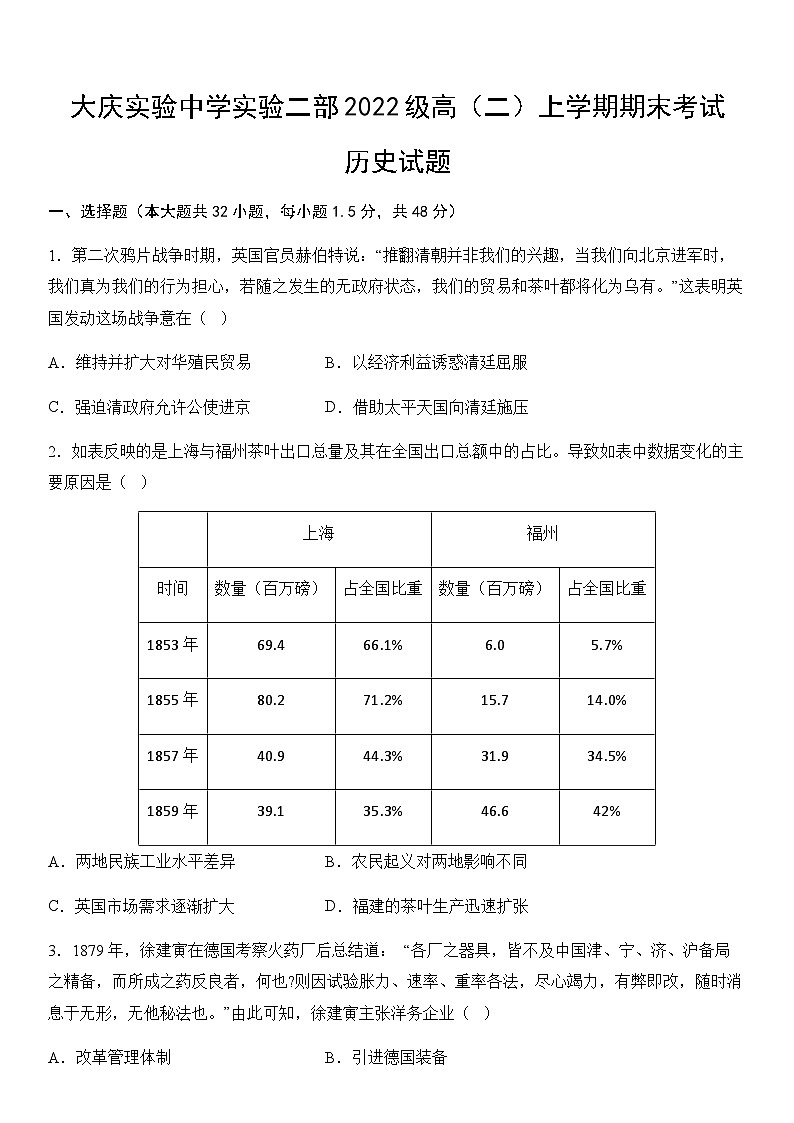 2023-2024学年黑龙江省大庆实验中学实验二部高二上学期期末考试历史试题解析版01