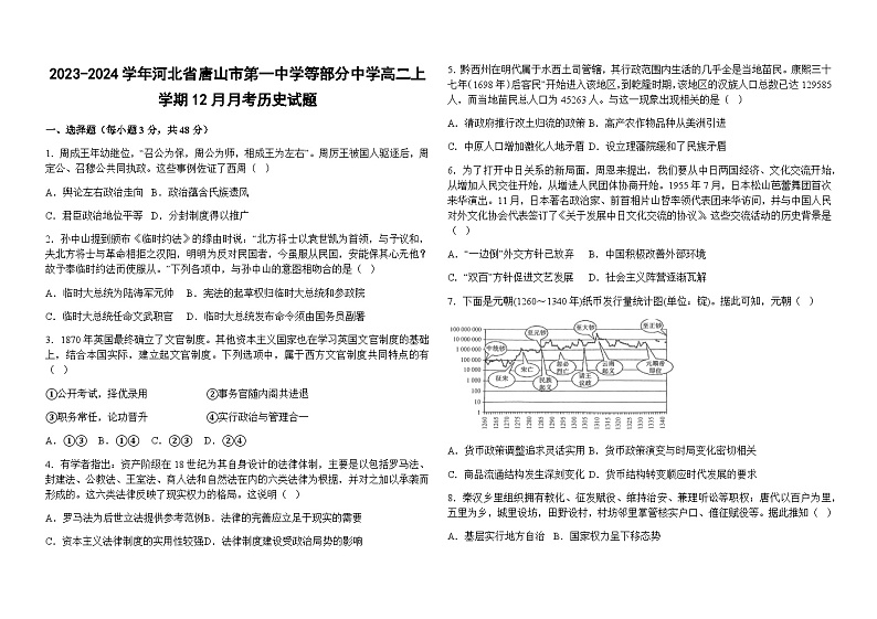 2023-2024学年河北省唐山市第一中学等部分中学高二上学期12月月考历史试题含答案01