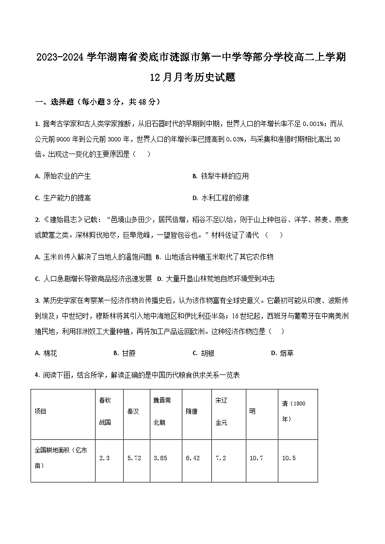 2023-2024学年湖南省娄底市涟源市第一中学等部分学校高二上学期12月月考历史试题含答案第1页