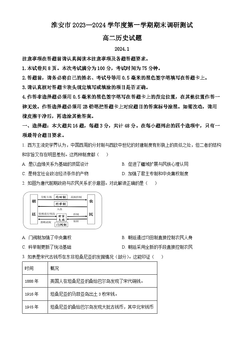 江苏省淮安市2023-2024学年高二上学期期末调研测试历史试卷（Word版附解析）第1页
