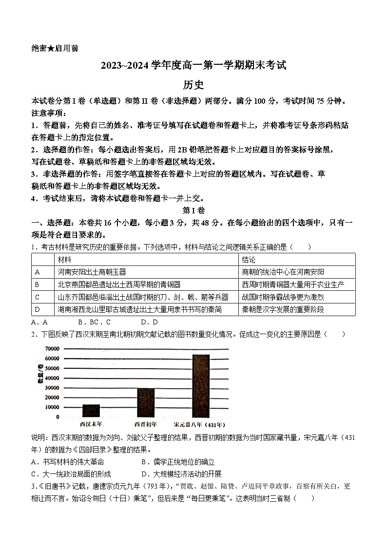 陕西省安康市2023-2024学年高一上学期期末历史试题01