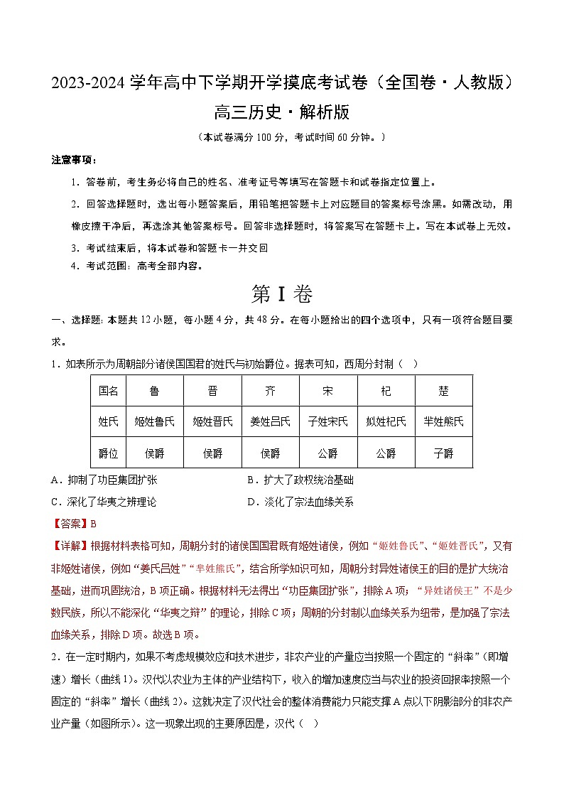 高三历史开学摸底考（全国卷·人教版）（解析版）第1页