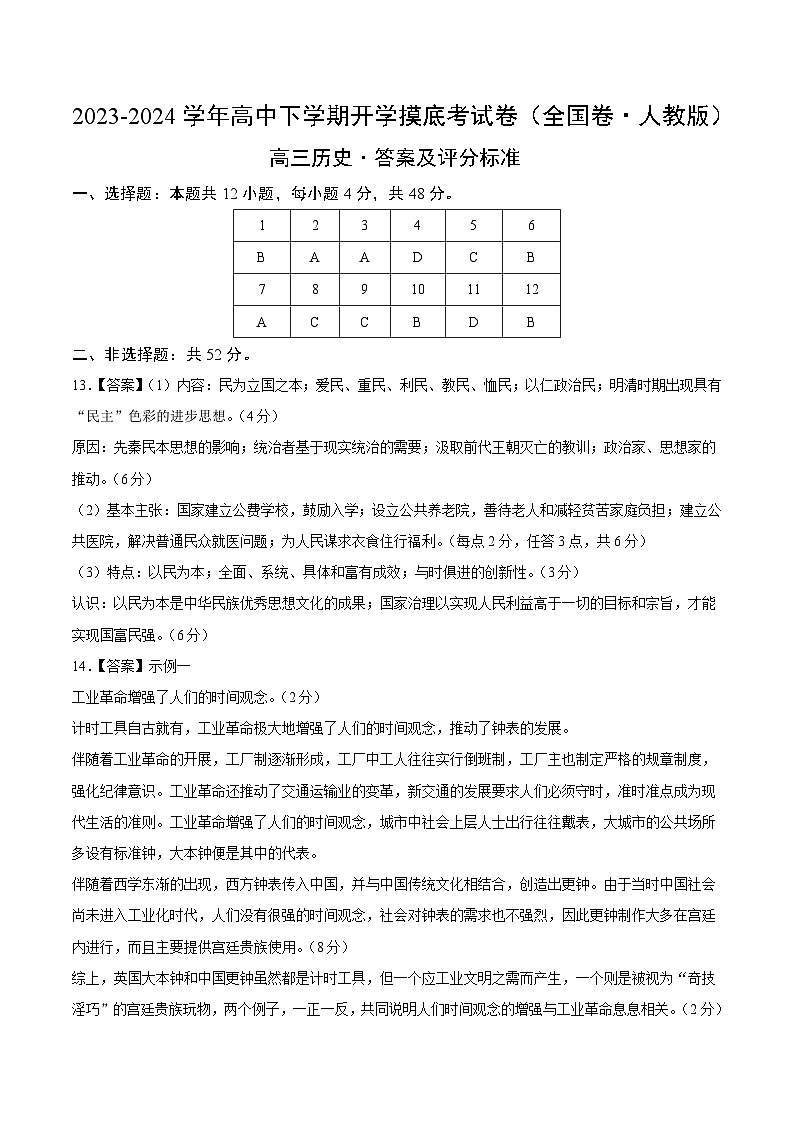 高三历史开学摸底考（全国卷·人教版）（答案及评分标准）第1页