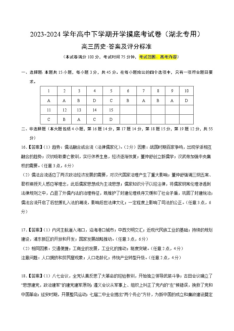 【开学摸底考】高三历史（湖北专用）-2023-2024学年高中下学期开学摸底考试卷.zip01
