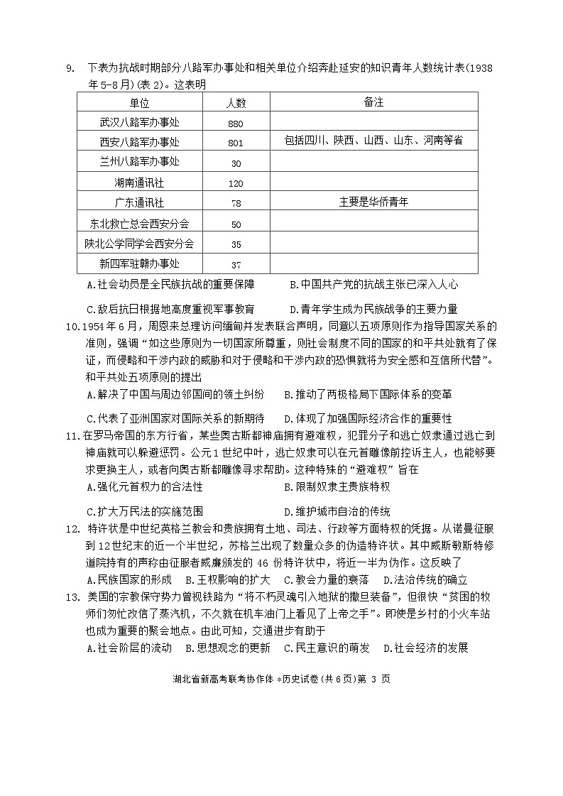 湖北省新高考协作体2023-2024学年高三上学期收心考试（开学）历史试题第3页