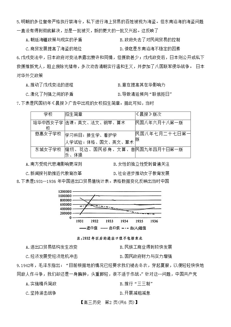 福建省百校联考2023-2024学年高三下学期正月开学考试历史试卷（Word版附解析）02