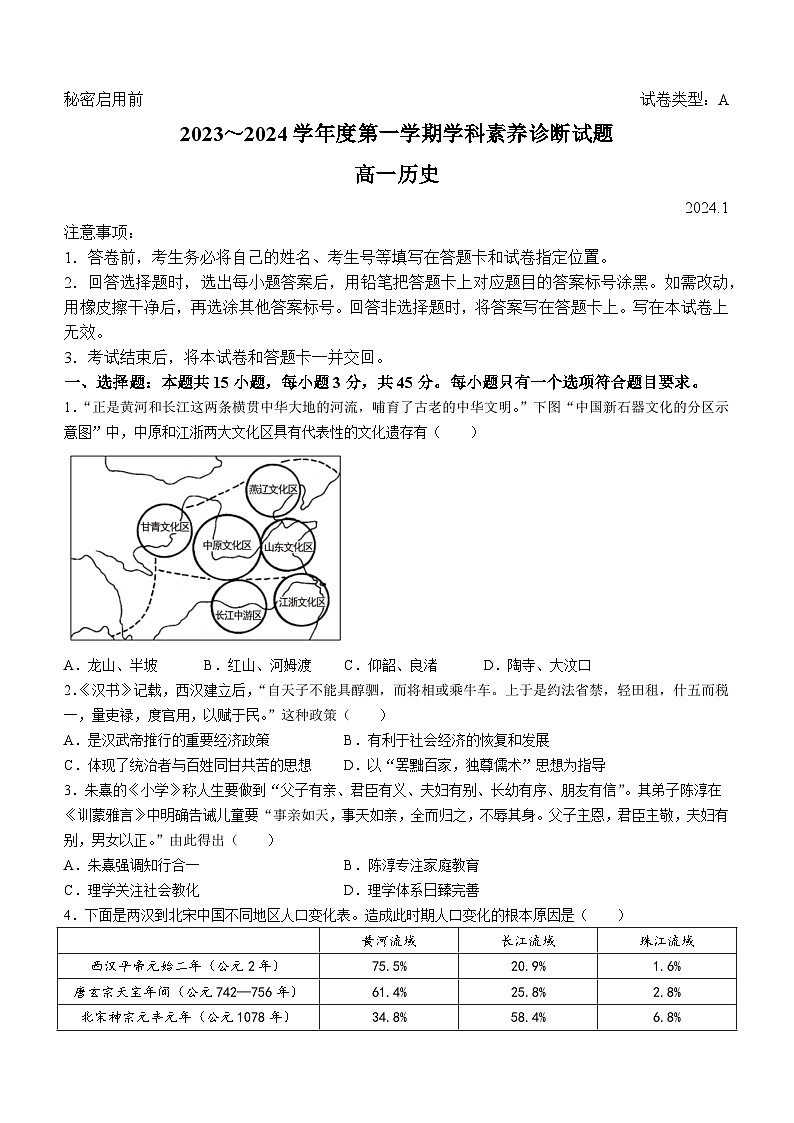 2024枣庄薛城区高一上学期期末考试历史含答案01