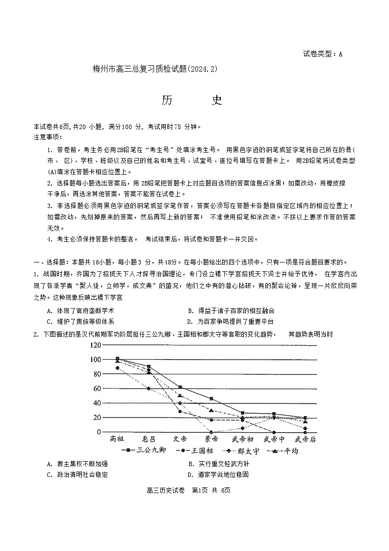 2024年广东省梅州市高三下学期一模考试历史试题01