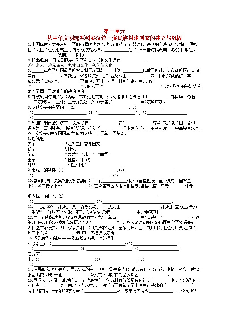 2024高考历史基础知识二轮综合复习默写训练1从中华文明起源到秦汉统一多民族封建国家的建立与巩固01