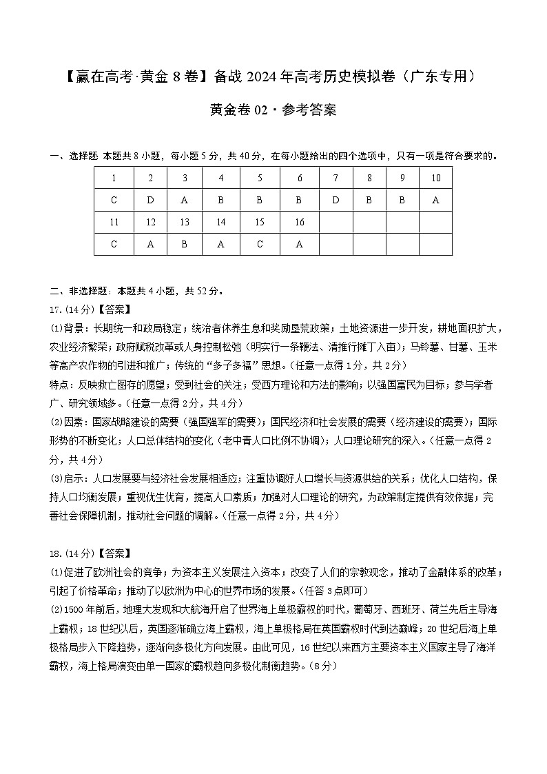 黄金卷02 -【赢在高考·黄金8卷】备战2024年高考历史模拟卷（广东专用）01