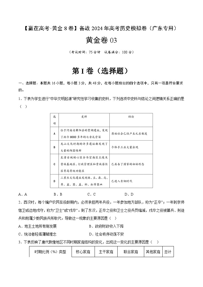 黄金卷03 -【赢在高考·黄金8卷】备战2024年高考历史模拟卷（广东专用）01