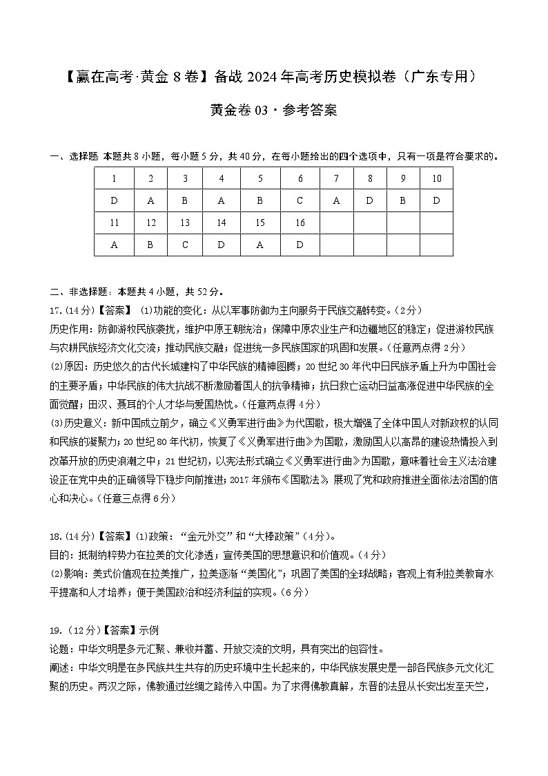 黄金卷03 -【赢在高考·黄金8卷】备战2024年高考历史模拟卷（广东专用）01