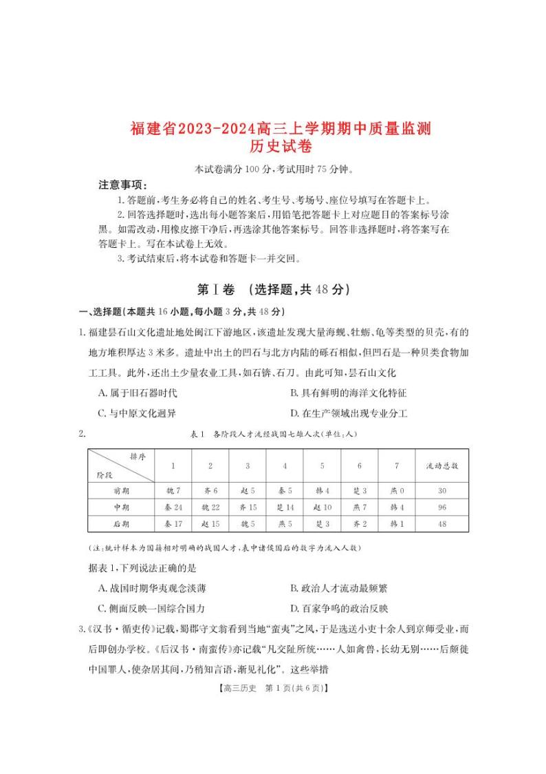福建省2023_2024高三历史上学期期中质量监测试题pdf01