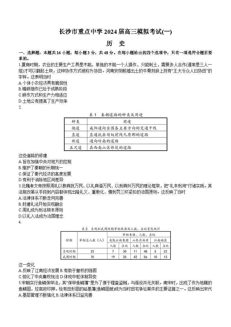 2024届湖南省长沙市重点中学高三下学期模拟考试（一）历史试题（含答案）第1页