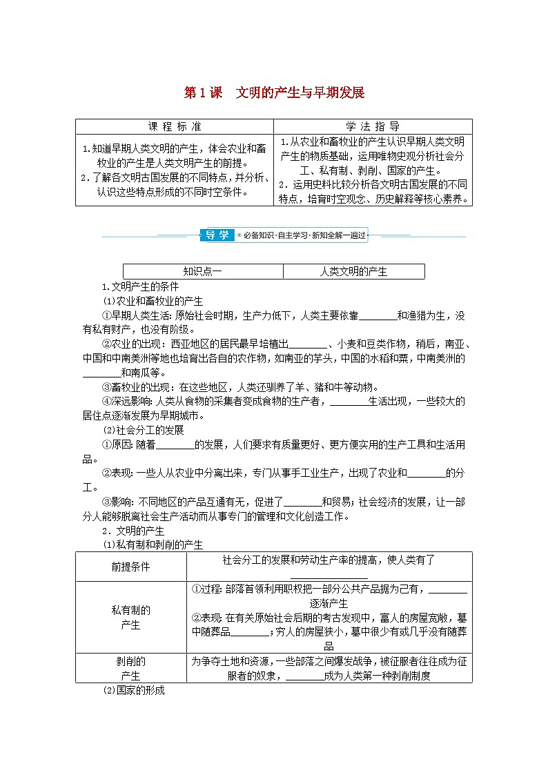 2024版新教材高中历史第一单元古代文明的产生与发展第一课文明的产生与早期发展学案部编版必修中外历史纲要下01