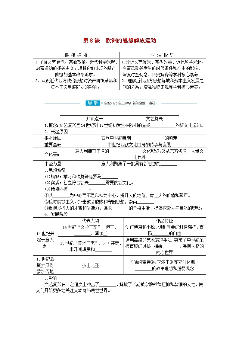 2024版新教材高中历史第四单元资本主义制度的确立第八课欧洲的思想解放运动学案部编版必修中外历史纲要下第1页