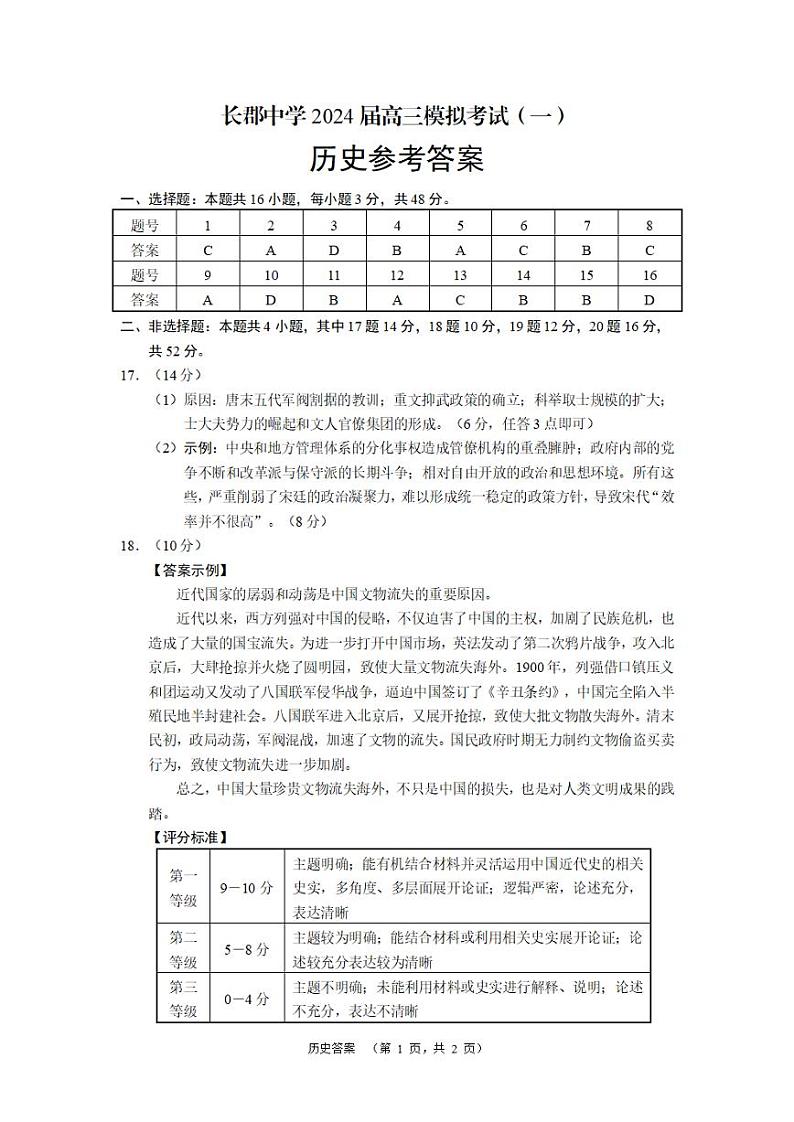 2024届湖南省长沙市长郡中学高三下学期模拟考试（一）历史试题01