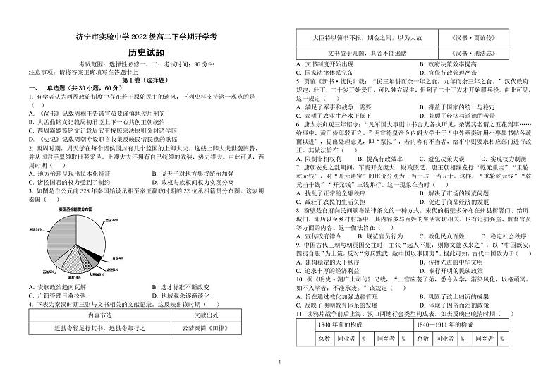 山东省济宁市实验中学2023-2024学年高二下学期开学考试历史试题01