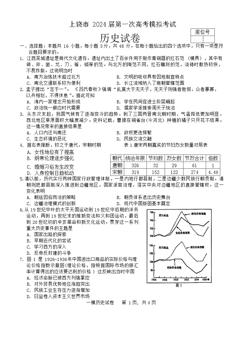 江西省上饶市2024届高三下学期第一次高考模拟考试历史试卷（Word版附解析）01