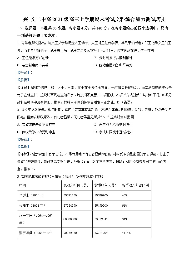 四川省兴文第二中学校2024届高三上学期期末历史试题  Word版含解析第1页