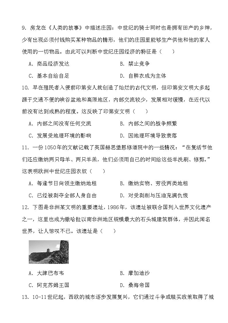 2024年高考历史冲刺阶段考前专项练习12 中古时期的世界03