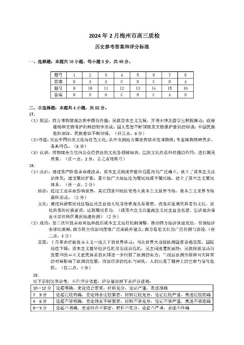 广东省梅州市2024届高三下学期总复习质检试题（一模）历史试题及答案01