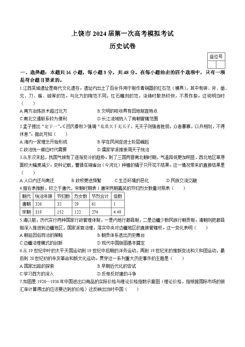 2024届江西省上饶市高三下学期第一次高考模拟考试历史试卷01