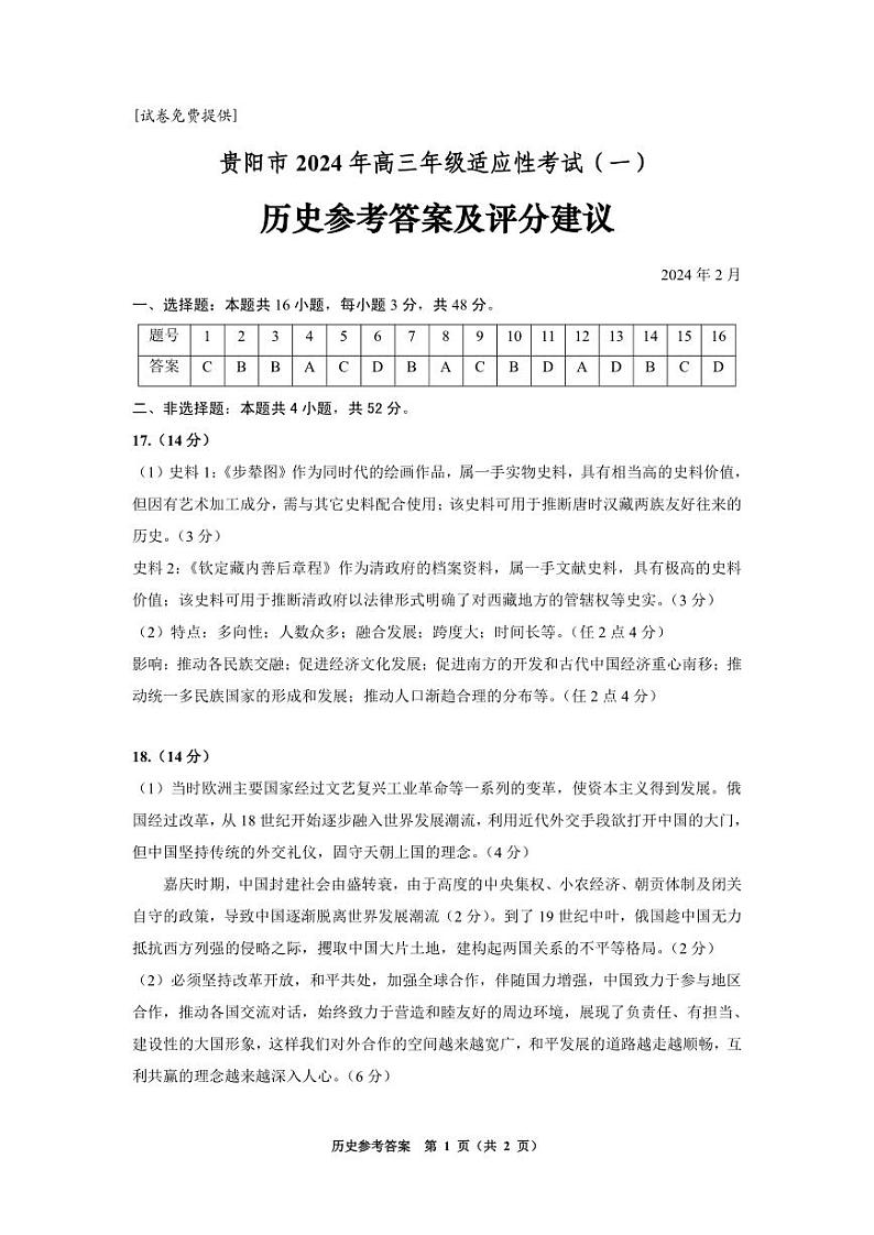 贵州省贵阳市2024届高三下学期适应性测试（一）历史答案第1页