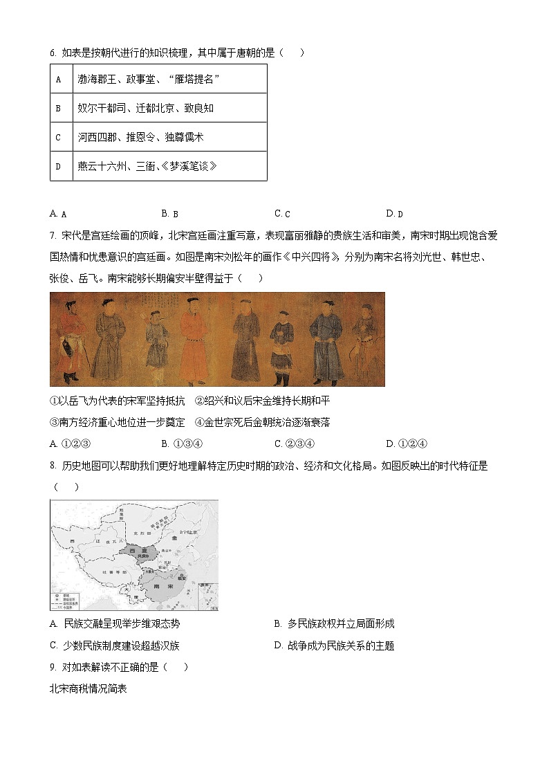 2024台州高一上学期期末考试历史含解析02