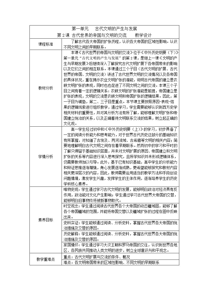 第2课古代世界的帝国与文明的交流教学设计--2023-2024学年高一下学期统编版（2019）必修中外历史纲要下第1页