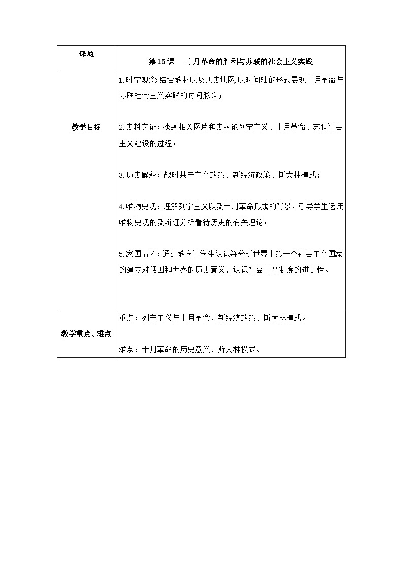 第15课十月革命的胜利与苏联的社会主义实践教案--2023-2024学年高一下学期统编版（2019）必修中外历史纲要下01