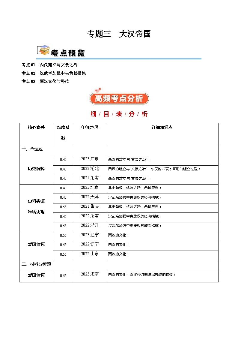 （新高考）高考历史二轮复习高频考点追踪练习专题03  大汉帝国（解析版）01