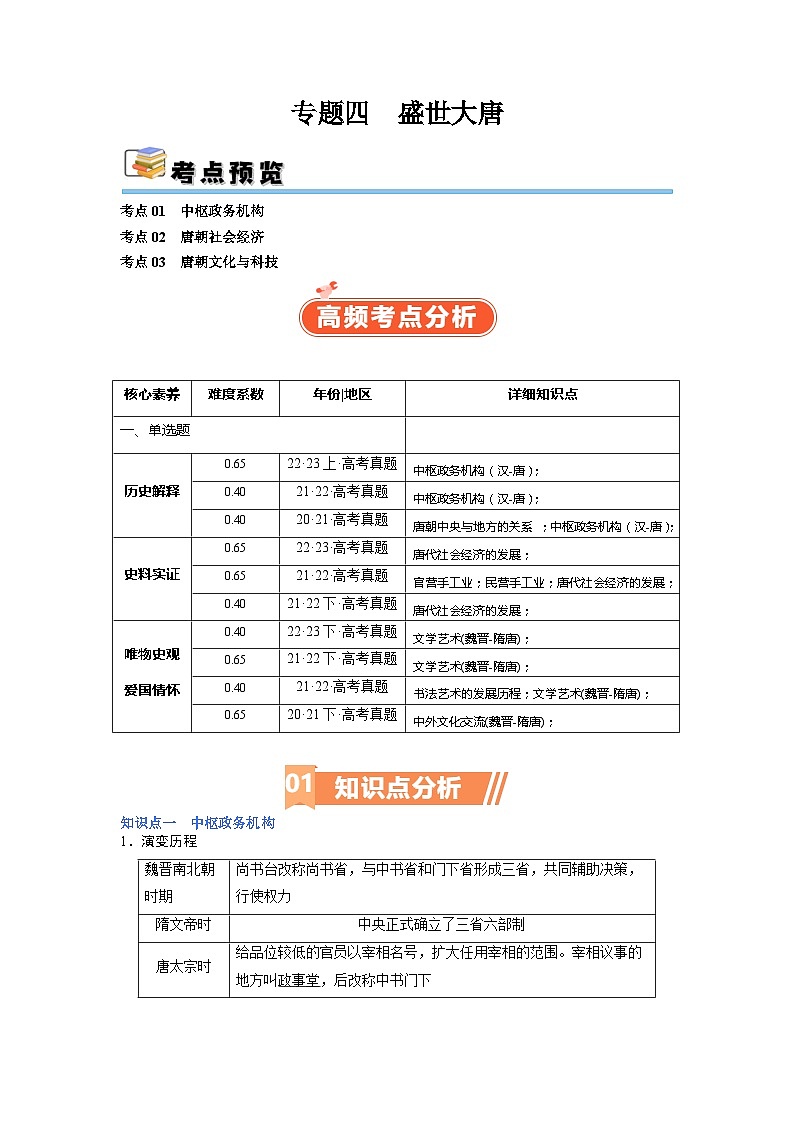 （新高考）高考历史二轮复习高频考点追踪练习专题04 盛世大唐（解析版）01