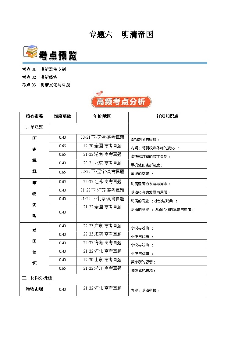 （新高考）高考历史二轮复习高频考点追踪练习专题06 明清帝国（解析版）01