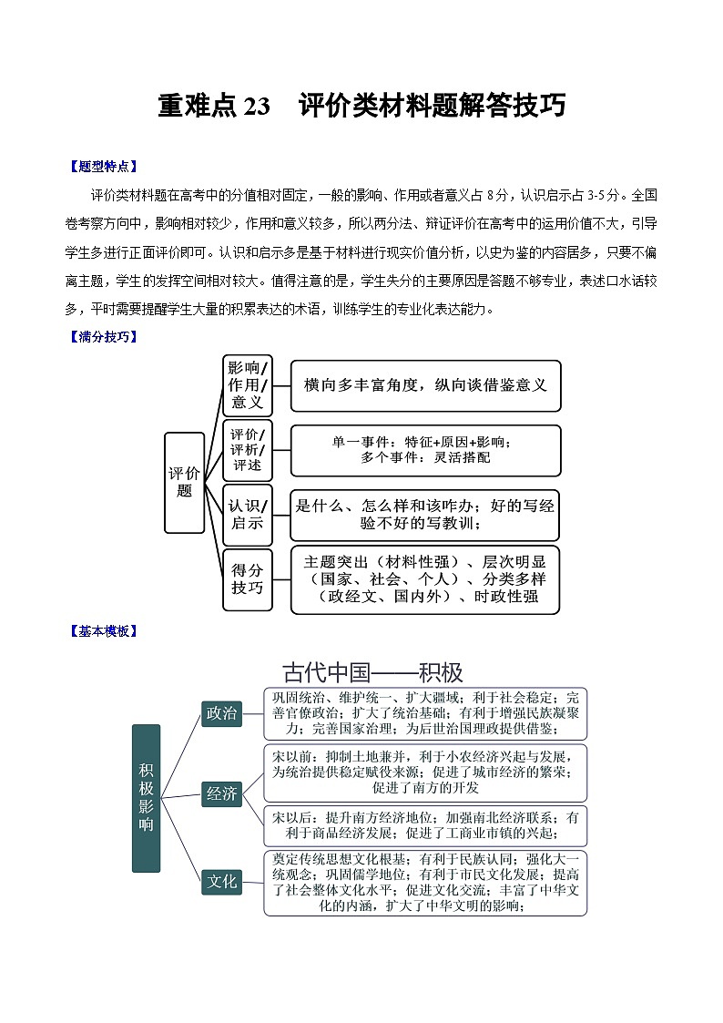 （新高考）高考历史二轮复习专题练习重难点23 评价类材料题解答技巧（含解析）01