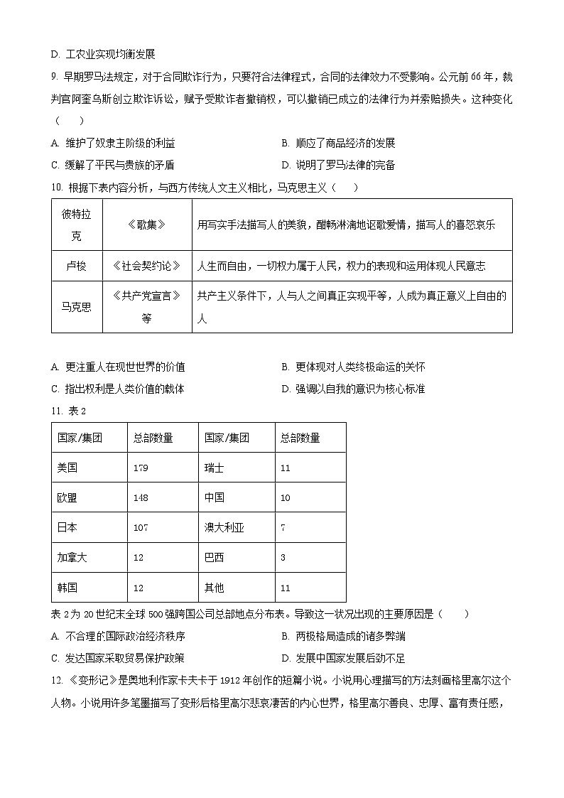 四川省遂宁市射洪中学2024届高三下学期开学考试历史试题（原卷版）第3页