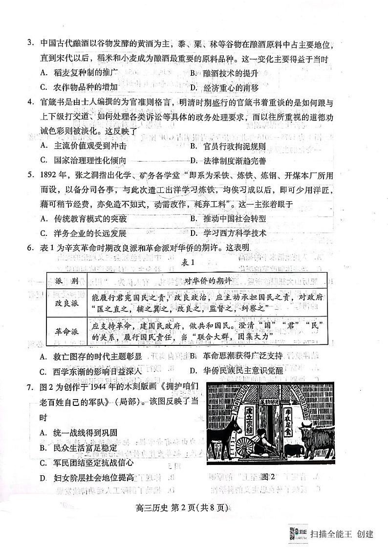 2024届山东省滨州市高三下学期一模考试历史试题第2页