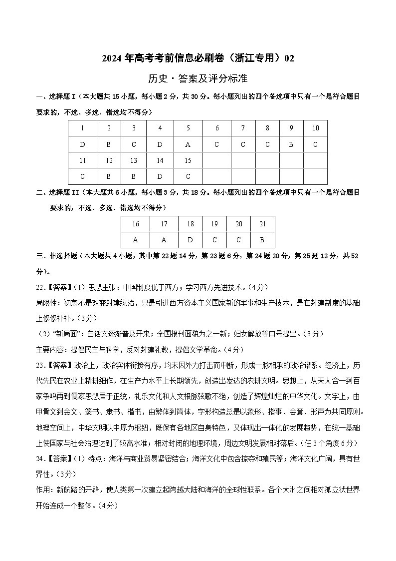 2024年高考历史考前信息必刷卷02（浙江专用）（参考答案）第1页