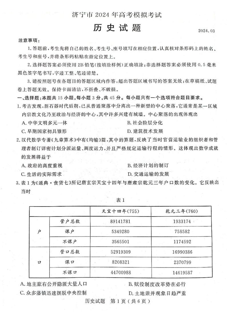 2024济宁高三下学期3月一模考试历史PDF版含答案01